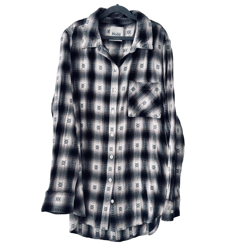 Mudd Plaid Button Down Shirt L Black Gray Grunge Western Boho Fall Y2K